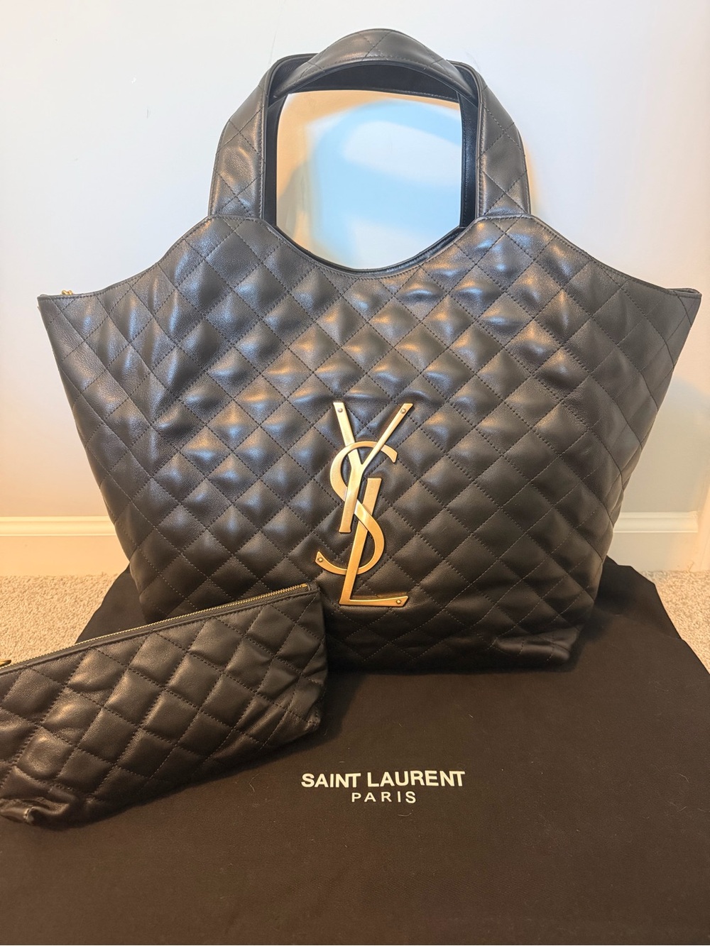 Quilted Black Leather Tote with Gold Details